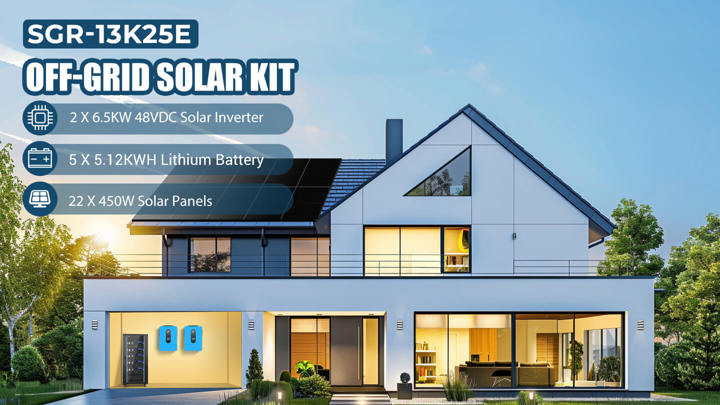 Off Grid Solar Kit 13000W 48VDC 120V/240V LiFePO4 25.6KWH Lithium Battery 22 X 450 Watts Solar Panels SGR- 13K25E