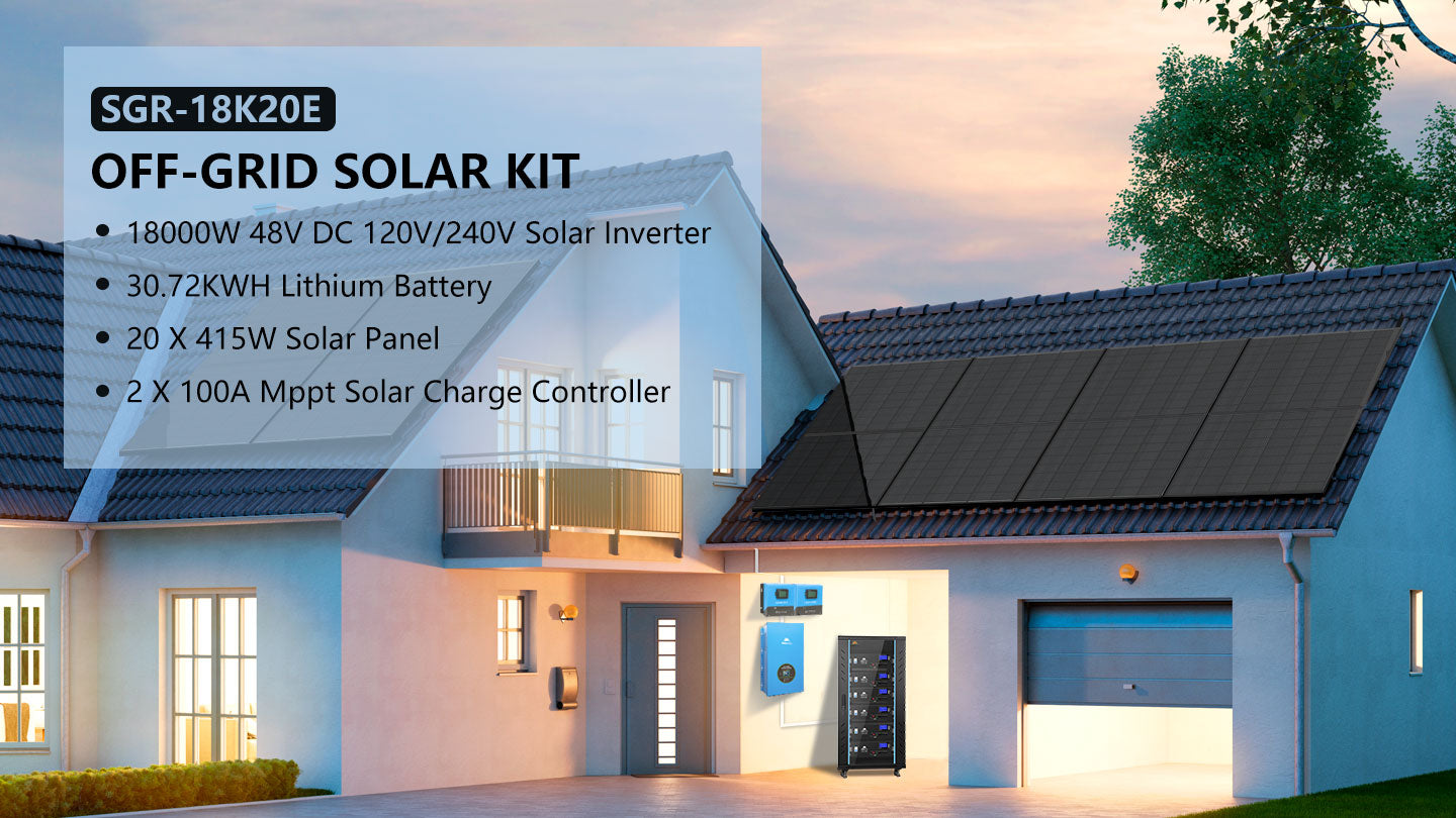 Off-Grid Solar Kit 18000W 48VDC 120V/240V LiFePO4 30.72KWH Lithium Battery 20 X 415 Watts Solar Panels SGR- 18K20E