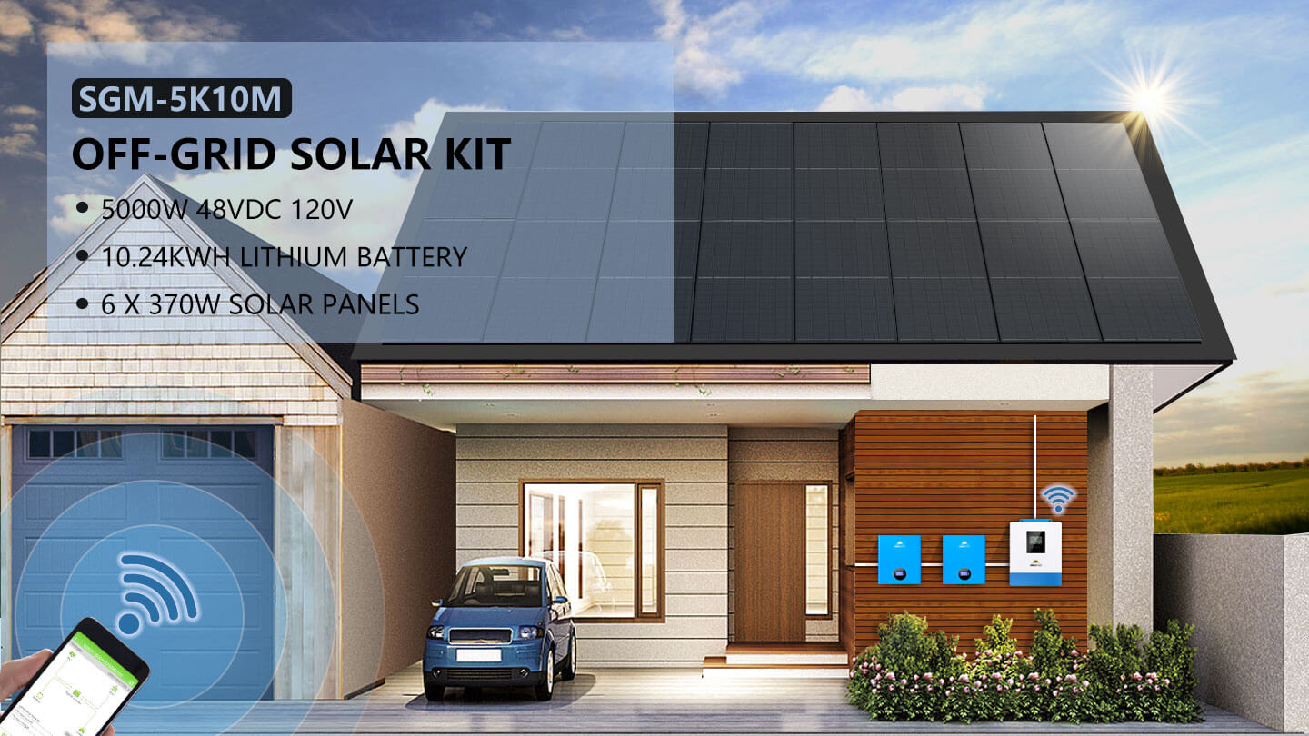 Off-Grid Solar Kit 5000W 48VDC 120V 10.24KWH PowerWall Lithium Battery 6 X 370 Watts Solar Panels SGM- 5K10M