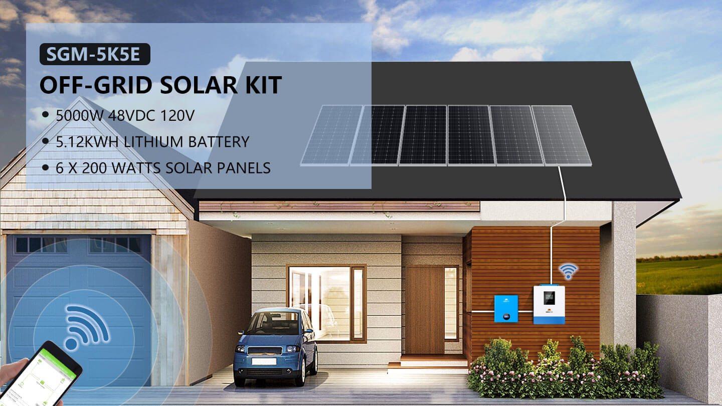 Off-Grid Solar Kit 5000W 48VDC 120V 5.12KWH PowerWall Battery 6 X 200 Watts Solar Panels SGM-5K5E