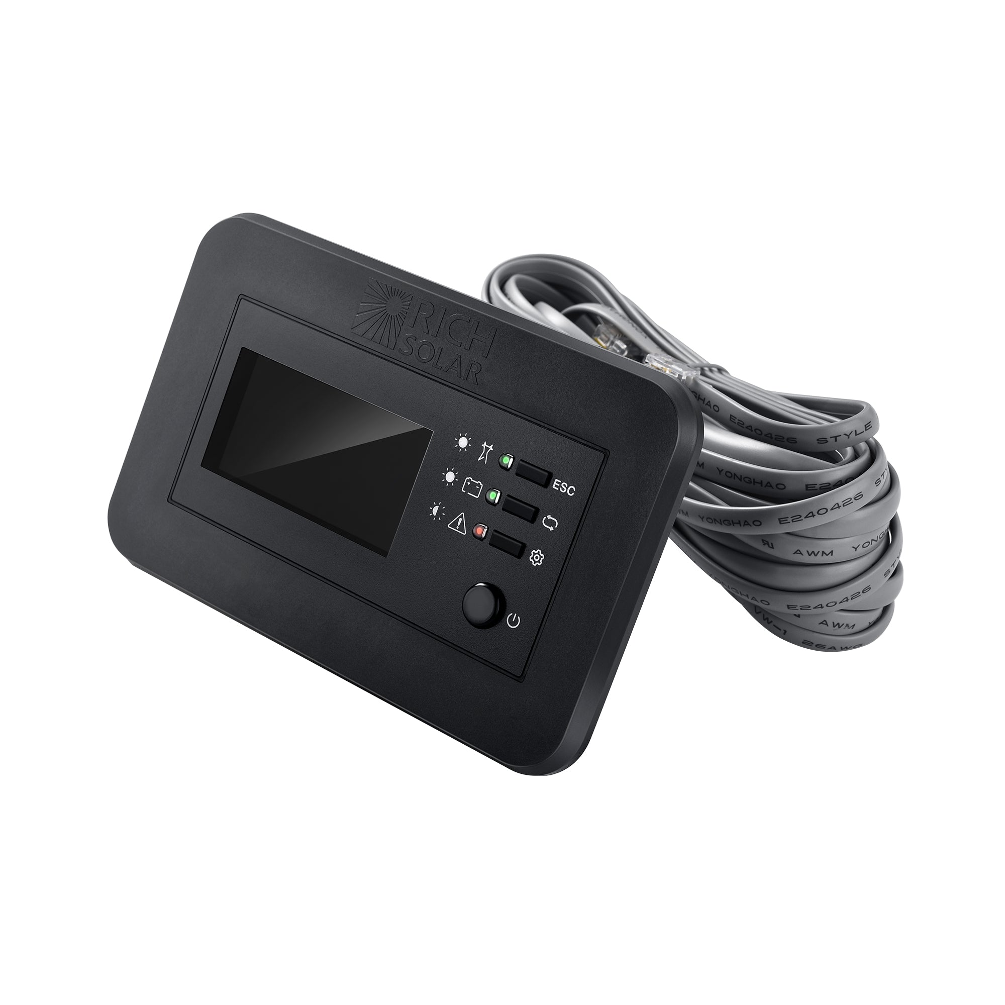 Rich Solar RS-RM02 HD backlit LCD display showing voltage and load data