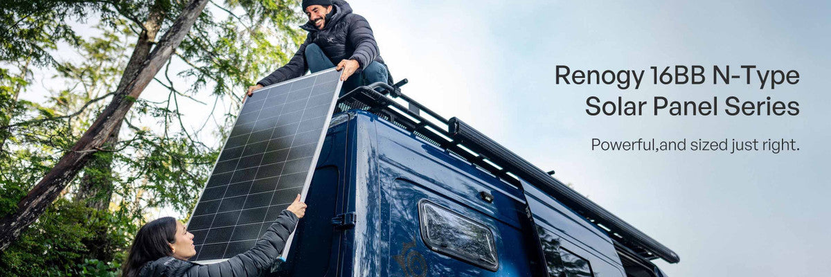 Renogy 16-busbar N-Type solar panel series installed on a camper van