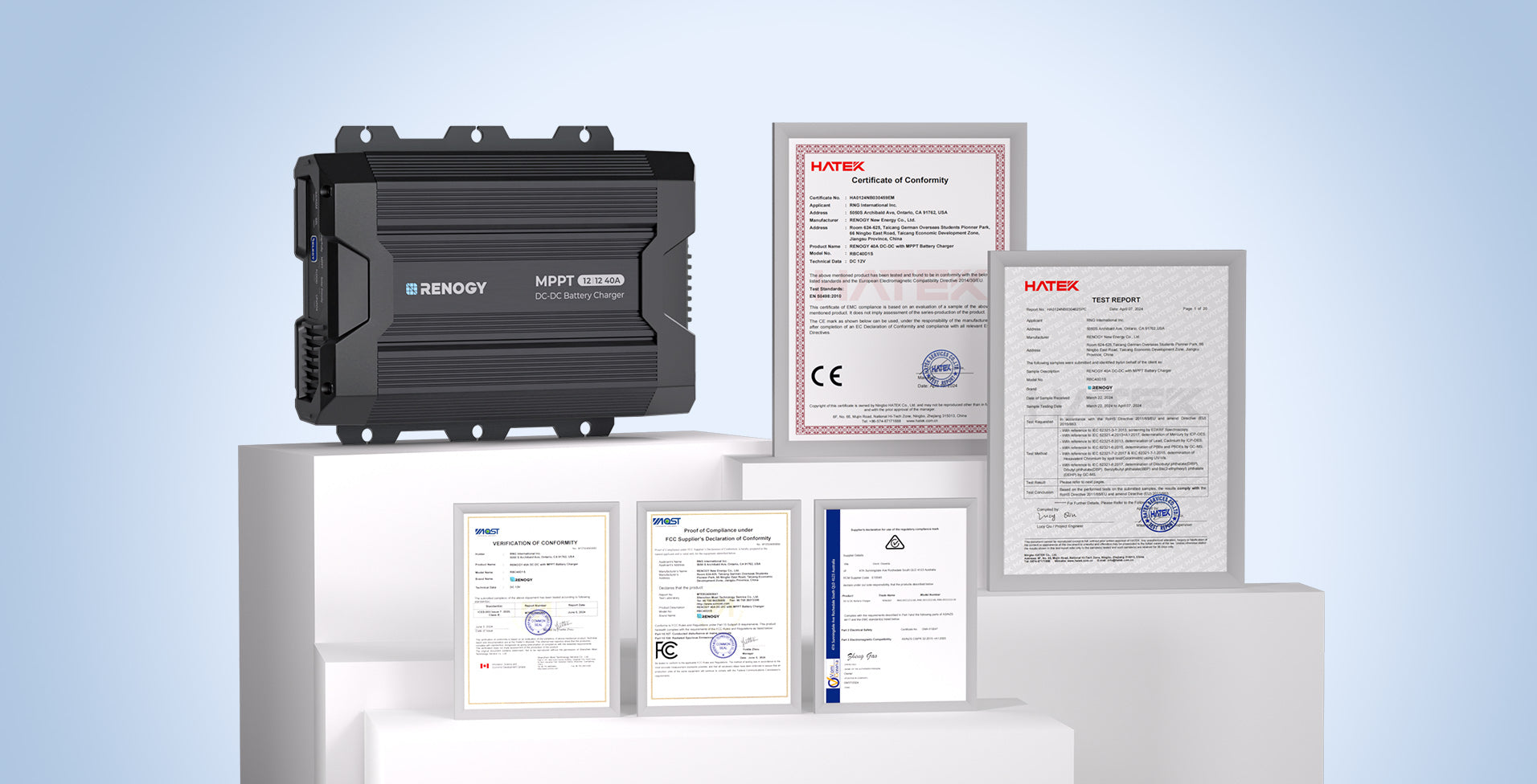 Renogy 40A charger certification and safety documentation