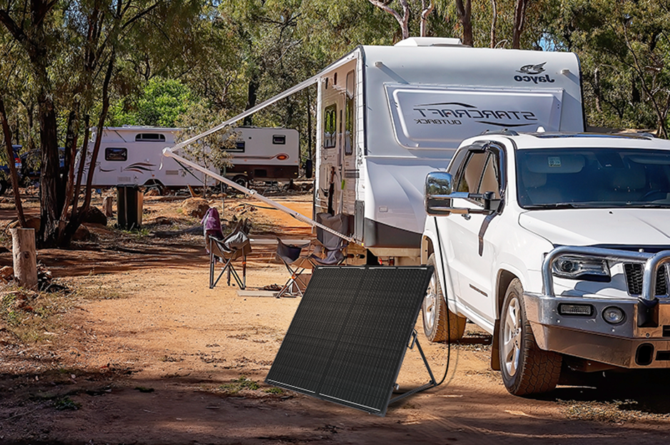 Renogy portable solar suitcase positioned beside an RV