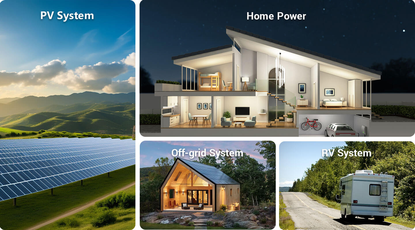 SunGoldPower SGH48100T application examples for PV systems home power off-grid systems and RV systems