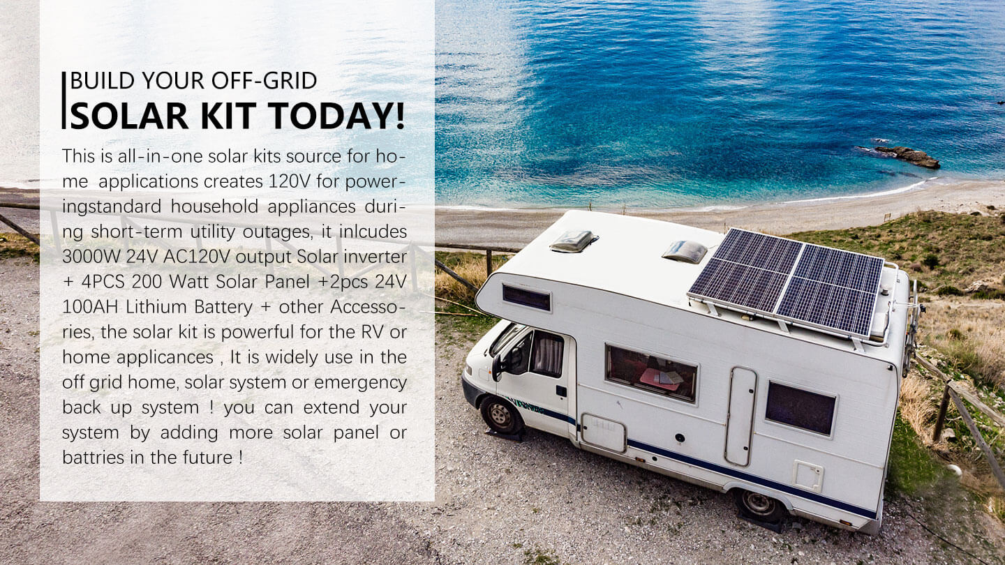 SunGoldPower off-grid solar kit shown on an RV roof near the coast