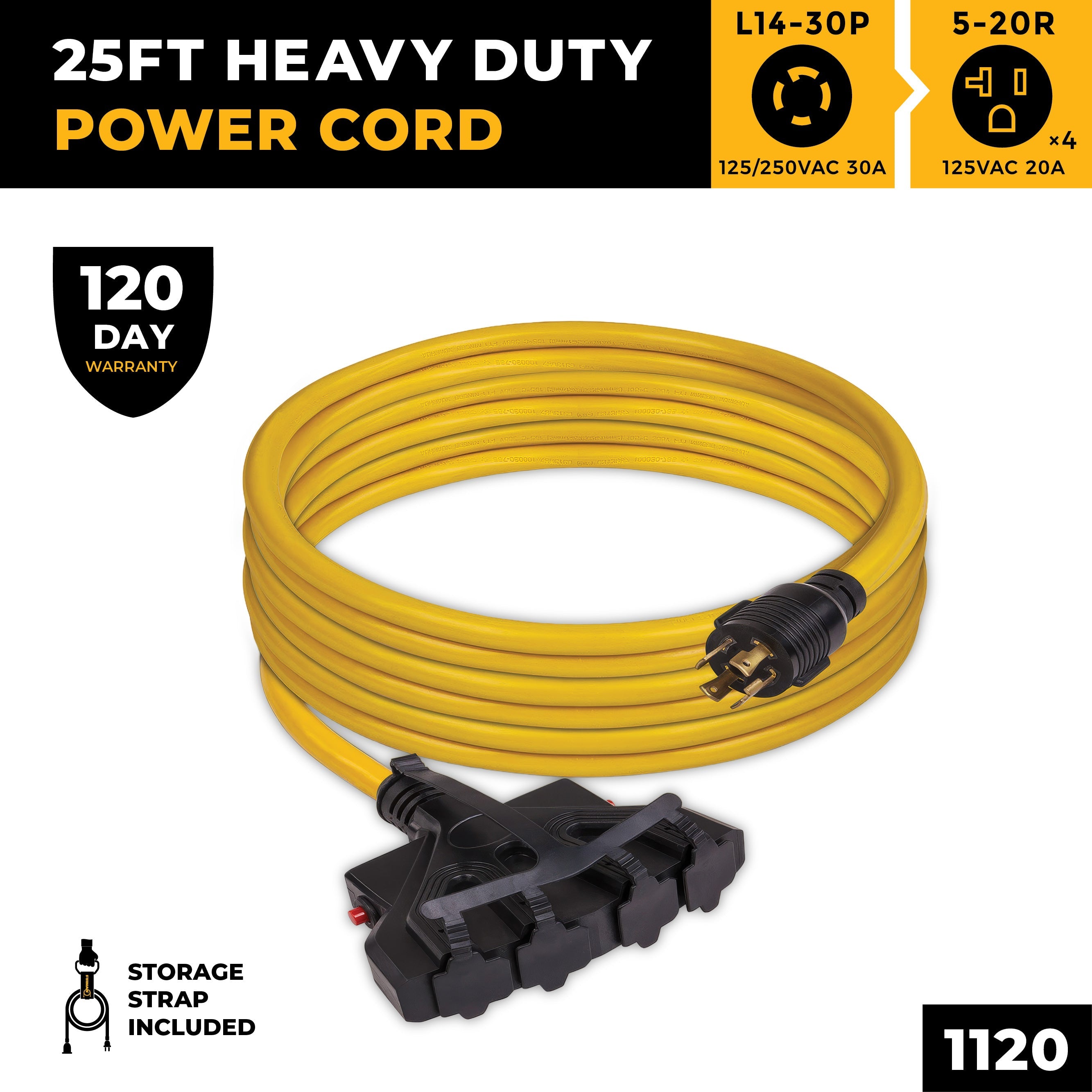25ft Heavy Duty L14-30P to (4) 5-20R Power Cord With Storage Strap