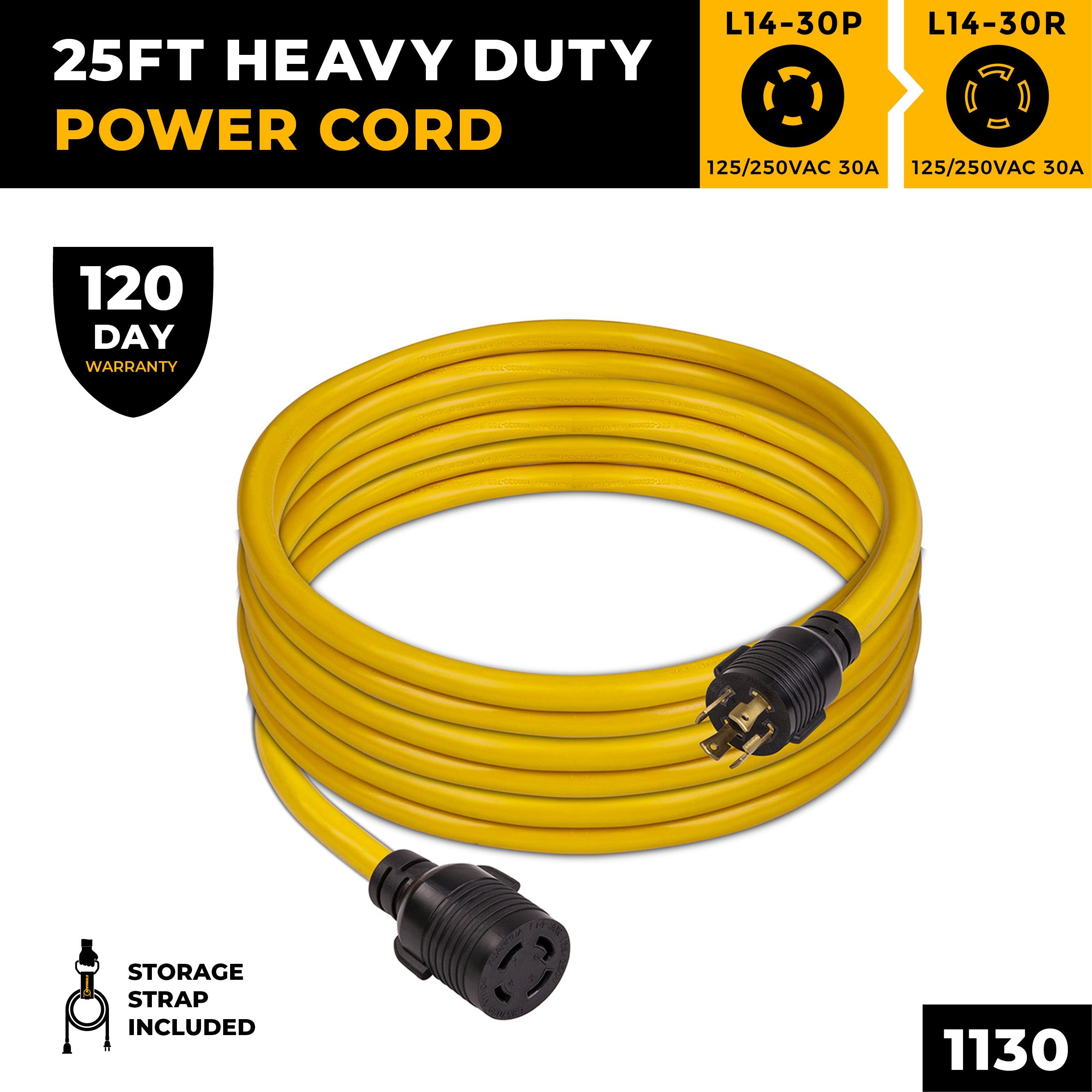 25ft Heavy Duty L14-30P to L14-30R Power Cord Extension With Storage Strap