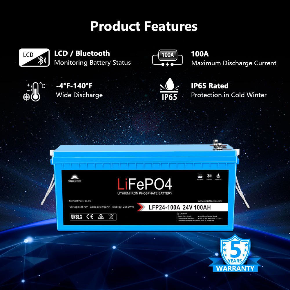 24V 100Ah LiFePo4 Deep Cycle Lithium Battery Bluetooth / Self- Heating / IP65