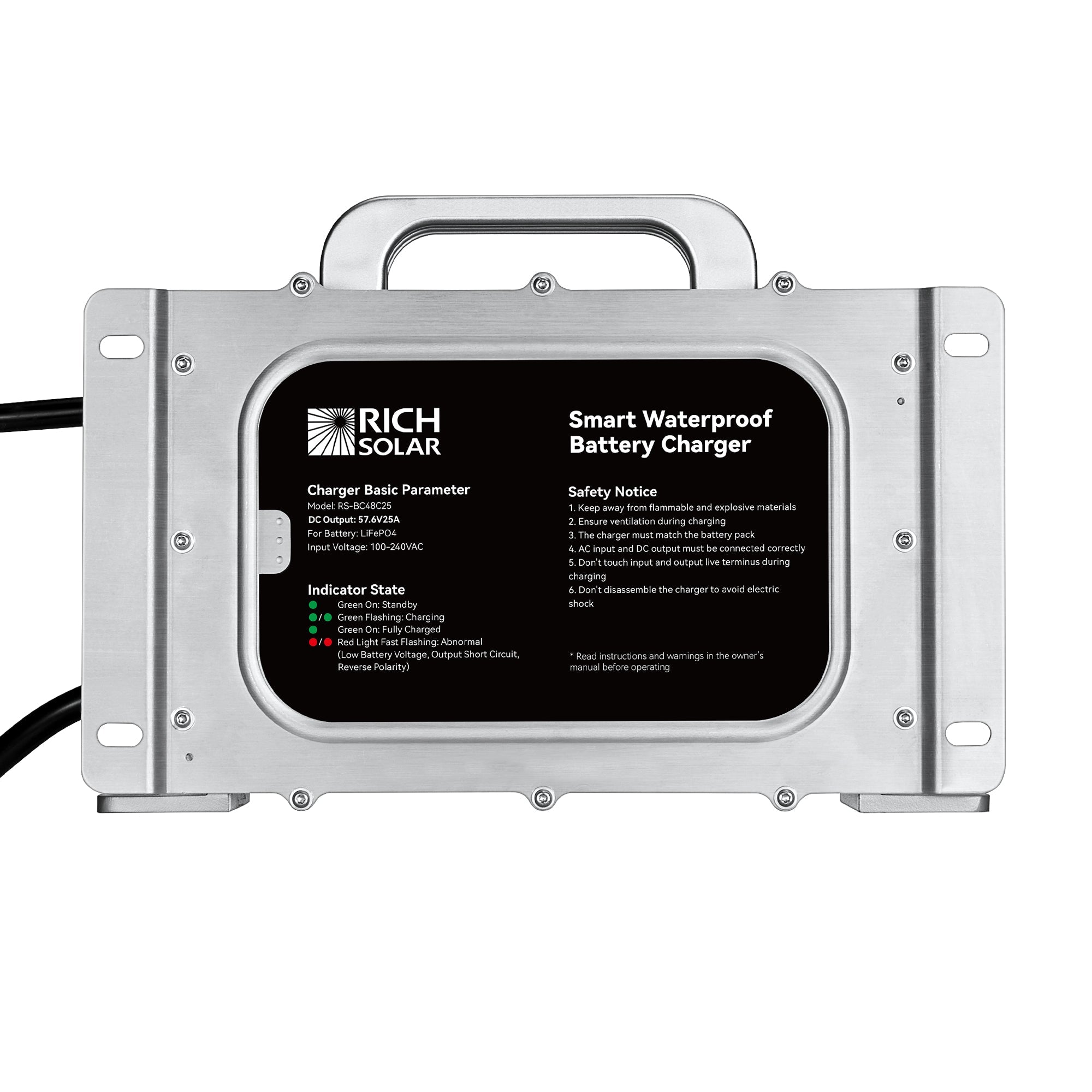 Rich Solar 48V (57.6V) Waterproof LiFePO4 Charger | 20A - 25A, 100-240V AC, 8-in-1 Protection, Fan-Cooled