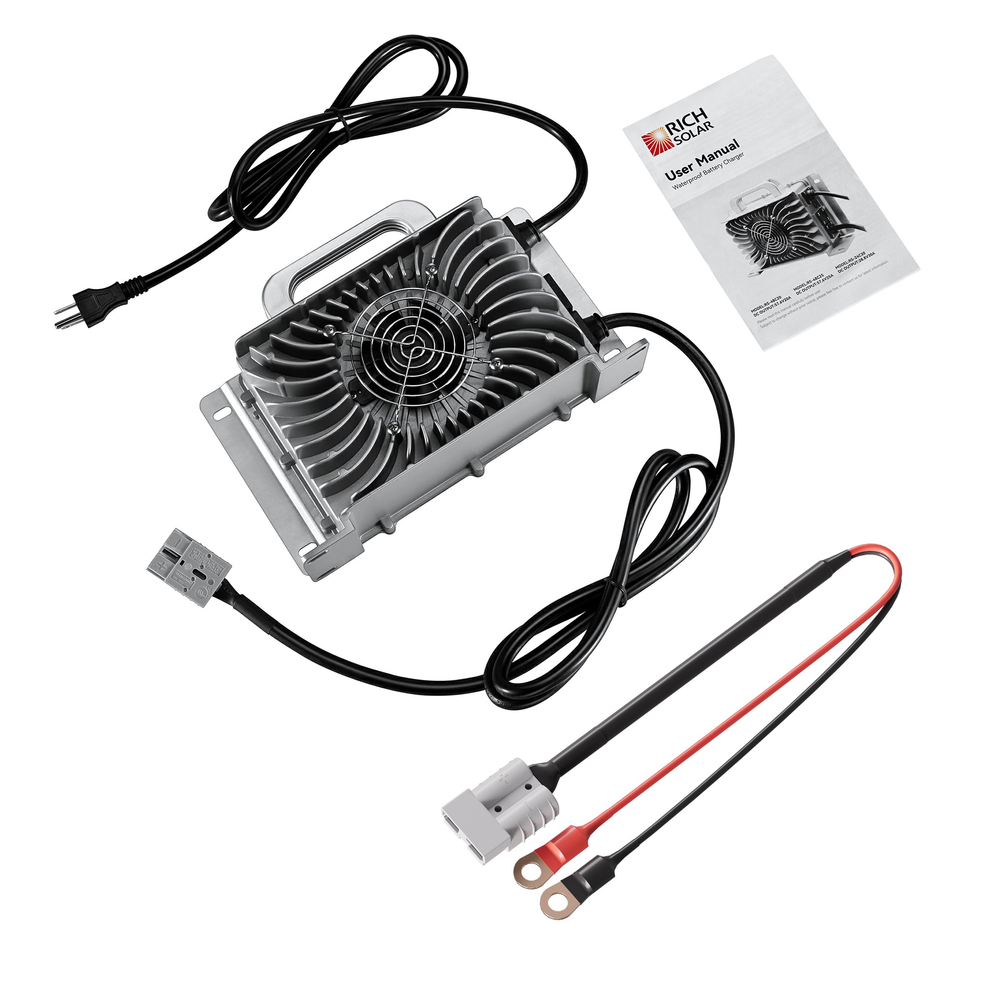 Rich Solar 48V (57.6V) Waterproof LiFePO4 Charger | 20A - 25A, 100-240V AC, 8-in-1 Protection, Fan-Cooled