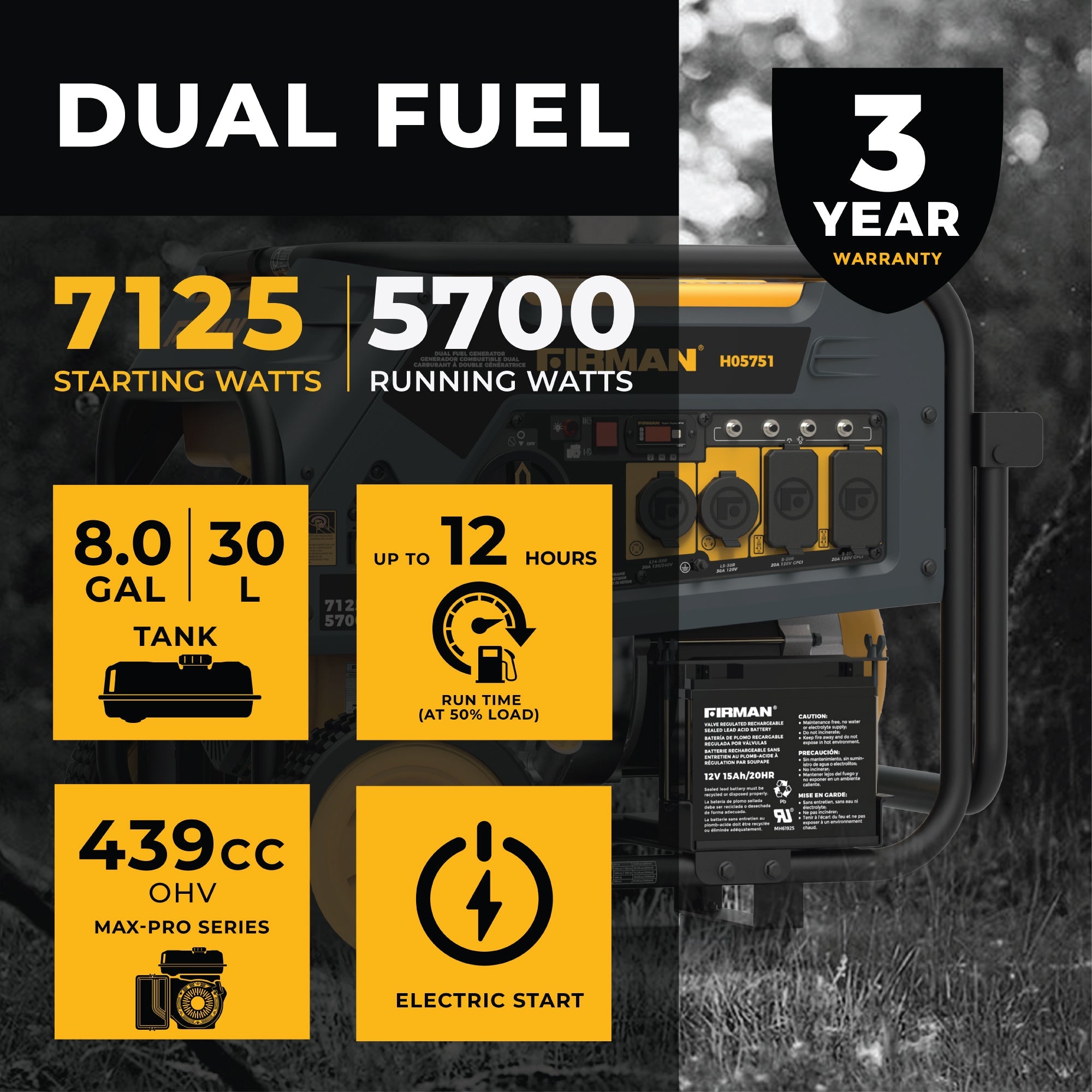 Dual Fuel Portable Generator 7125/5700W Electric Start 120/240V
