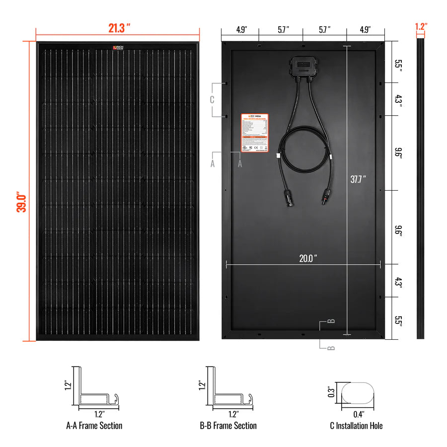 Rich Solar MEGA 100 | 100 Watt Solar Panel | Premier 12V Off-Grid Solar Panel for Vans, Campers, Boats | 25-Year Output Warranty
