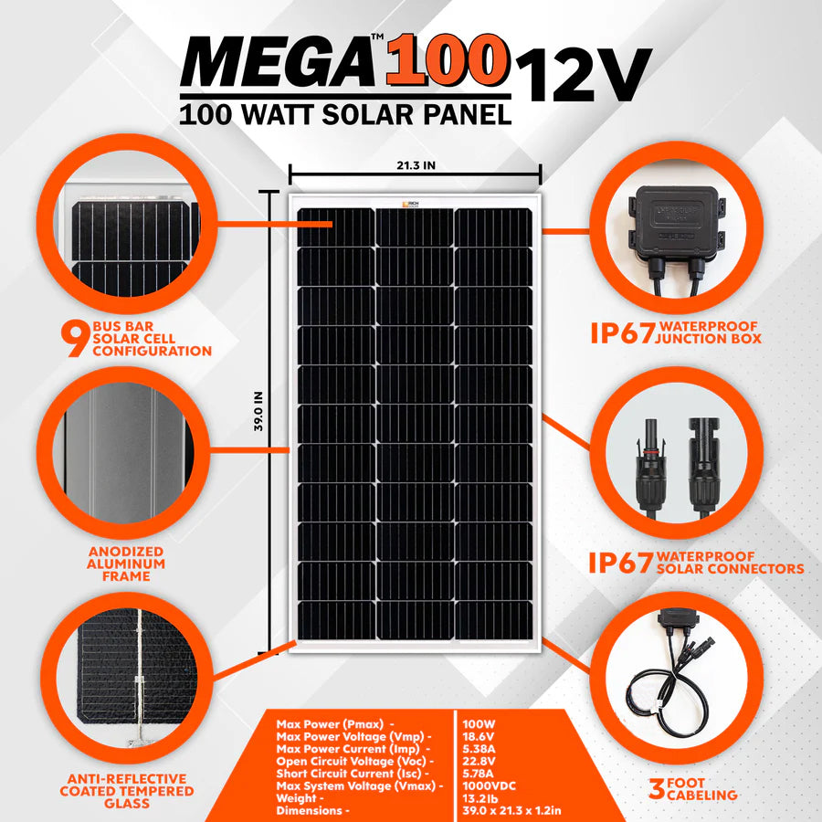 Rich Solar MEGA 100 | 100 Watt Solar Panel | Premier 12V Off-Grid Solar Panel for Vans, Campers, Boats | 25-Year Output Warranty