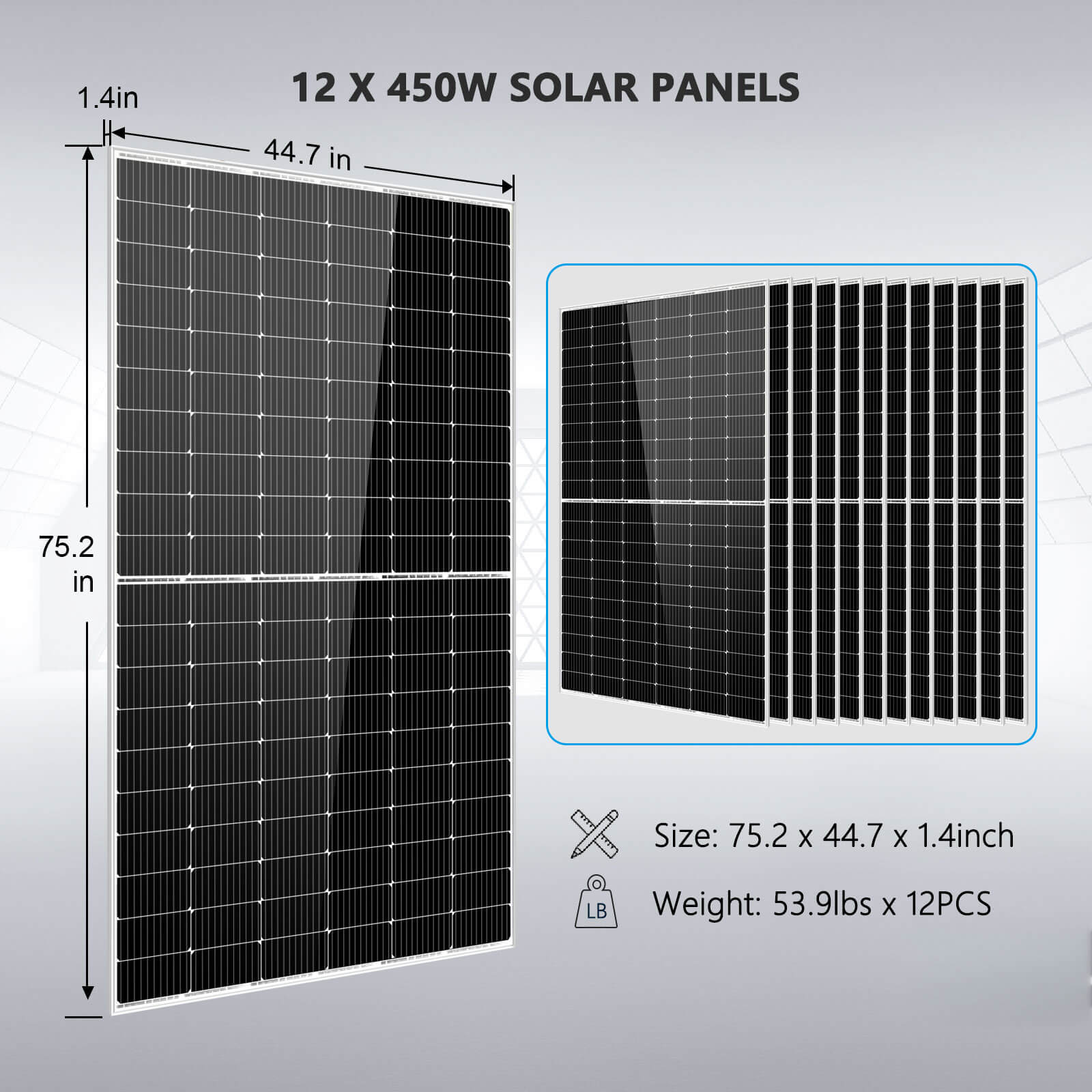 Off Grid Solar Kit 10000W 48VDC 120V/240V LifePO4 20.48KWH Lithium Battery 12 X 450 Watts Solar Panels SGR- 10K2M