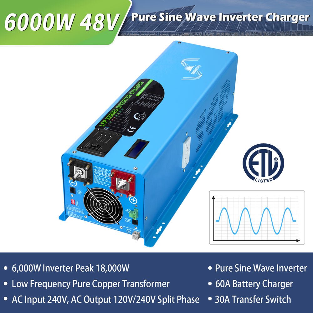 Off Grid Solar Kit 6000W 48VDC 120V/240V LifePO4 10.24KWH Lithium Battery 6 X 370 Watt Solar Panels SGK- PRO64