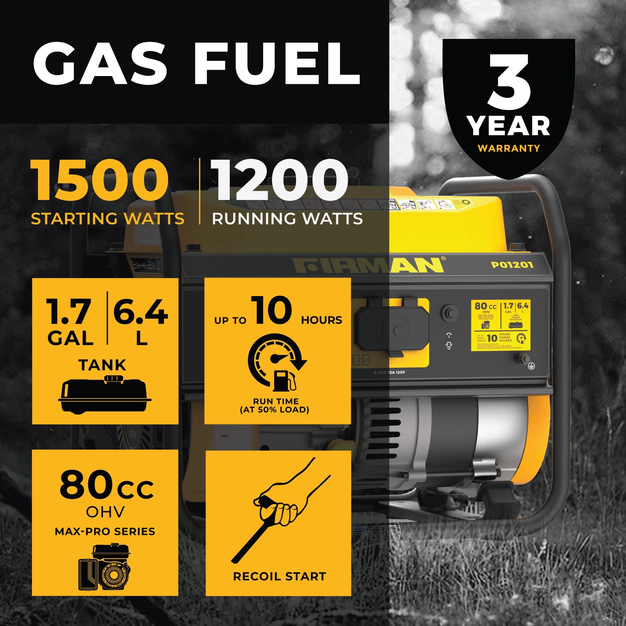 Gas Portable Generator 1500/1200W Recoil Start