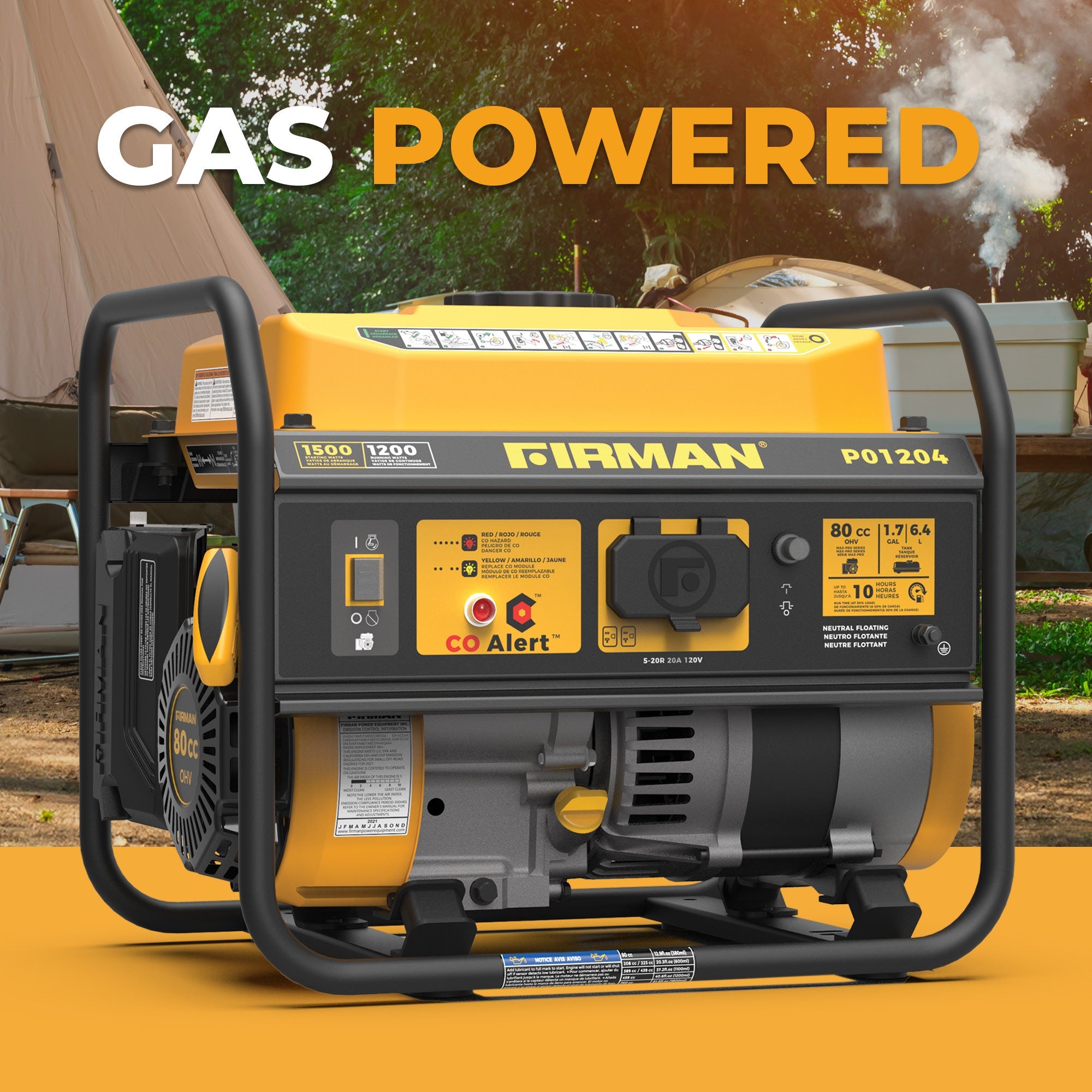 Gas Portable Generator 1500/1200W Recoil Start with CO alert
