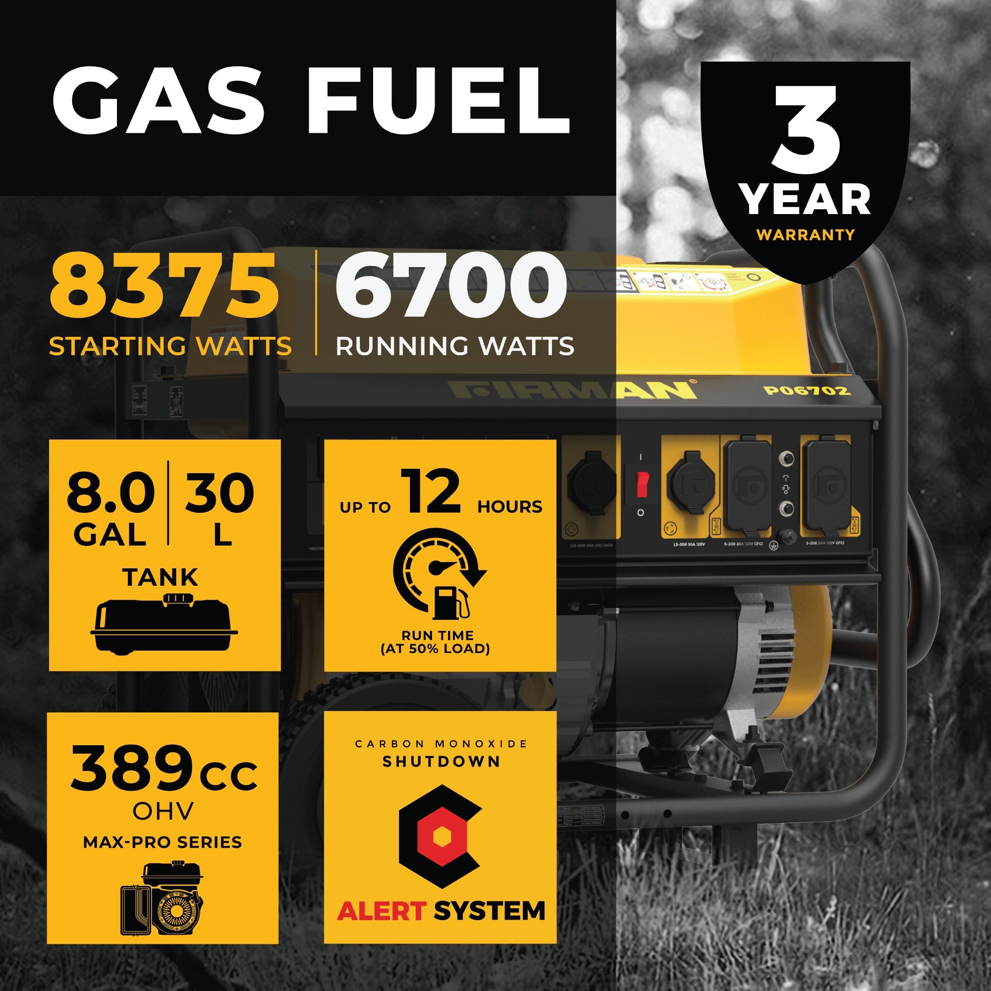 Gas Portable Generator 8375/6700W Recoil Start 120/240V With CO Alert
