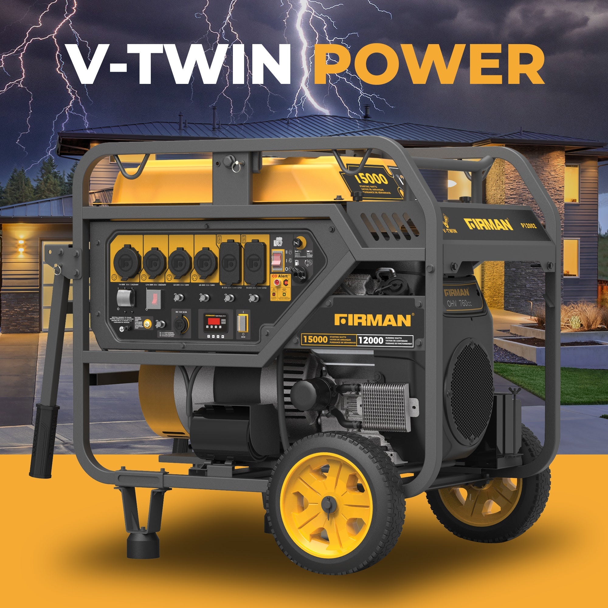 Gas Portable Generator 15000/12000W Electric Start 120/240V with CO Alert