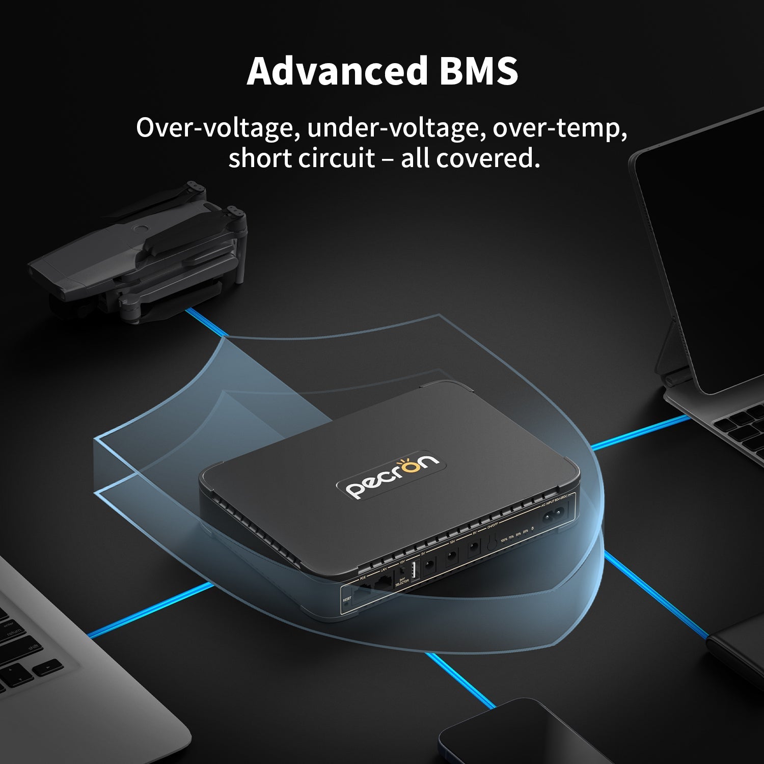 Pecron D39 DC UPS Battery Backup, 38.48Wh Small UPS for WiFi Router/Modem/Security Camera/Phone, With PoE Port, 5V/9V/12V