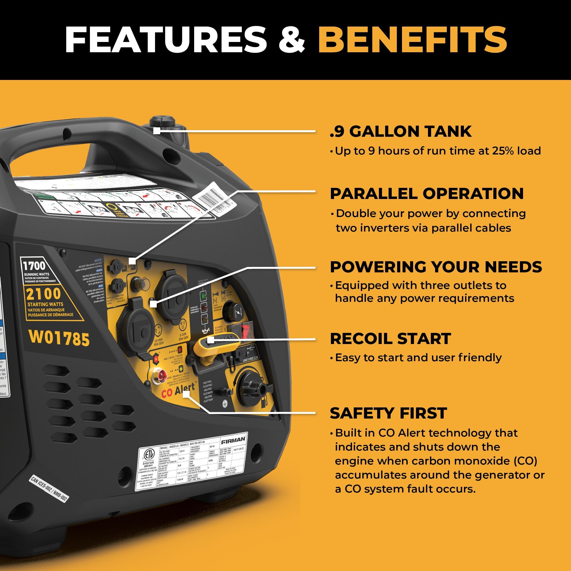 Inverter Portable Generator 2100/1700W Recoil Start with CO Alert