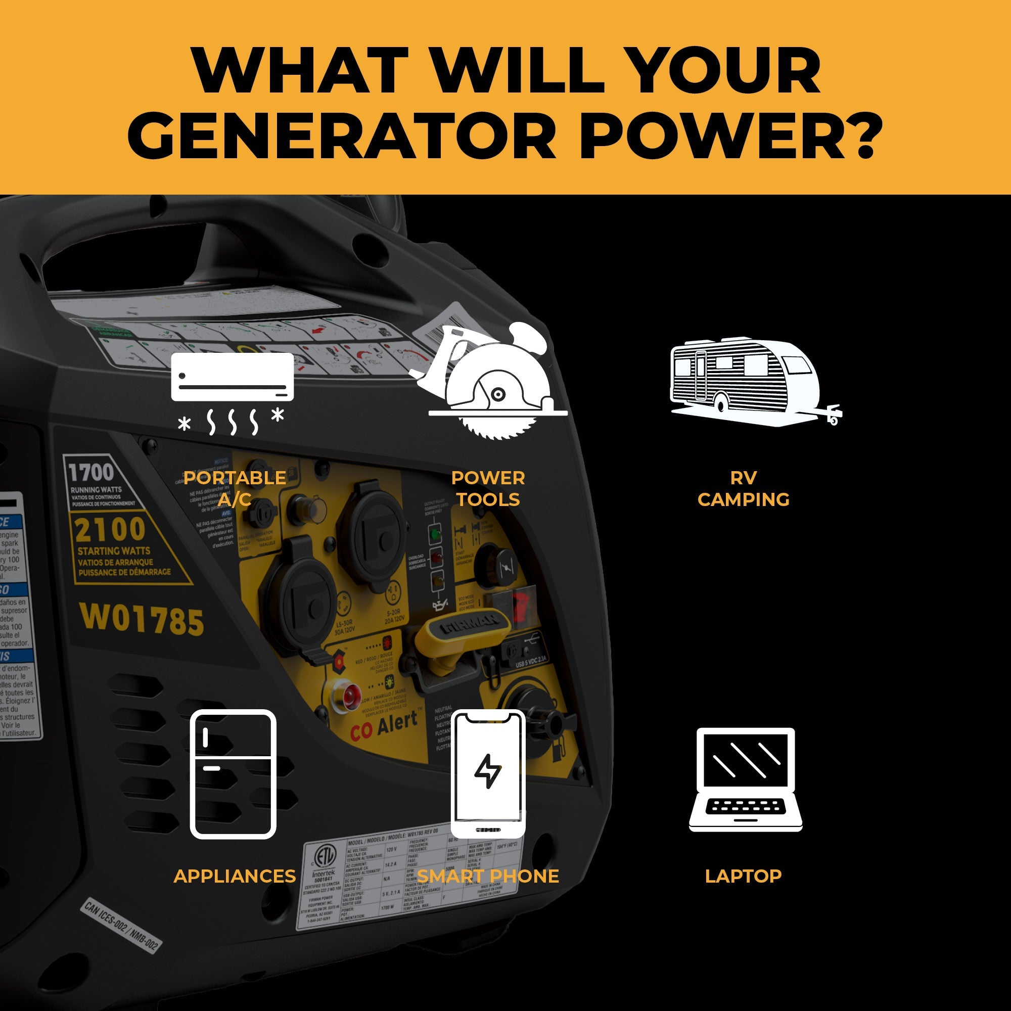 Inverter Portable Generator 2100/1700W Recoil Start with CO Alert