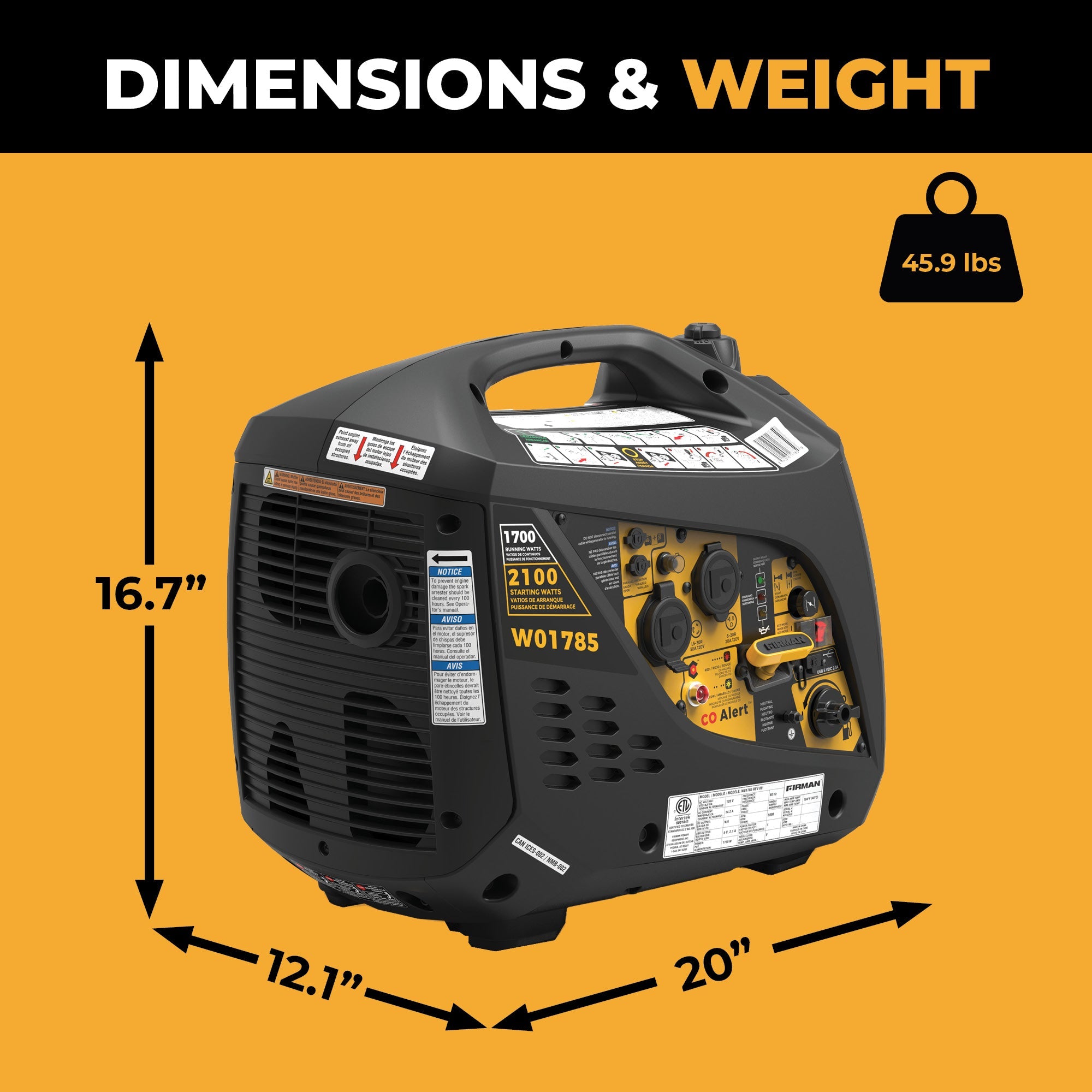 Inverter Portable Generator 2100/1700W Recoil Start with CO Alert