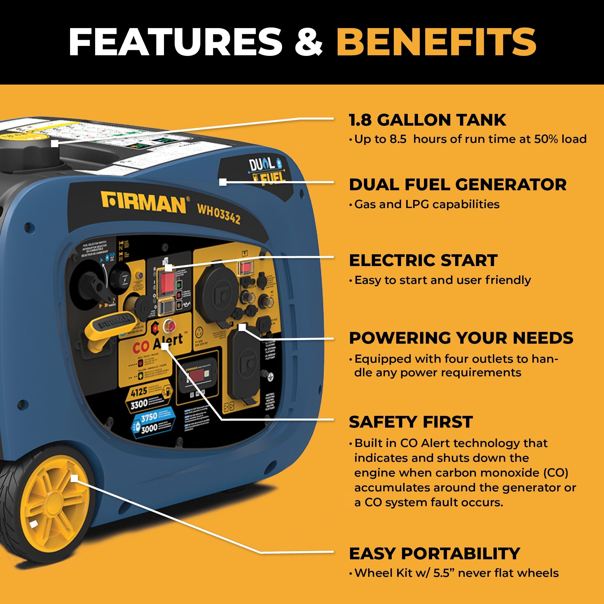 Dual Fuel Inverter Portable Generator 4125/3300W Electric Start with CO ALERT