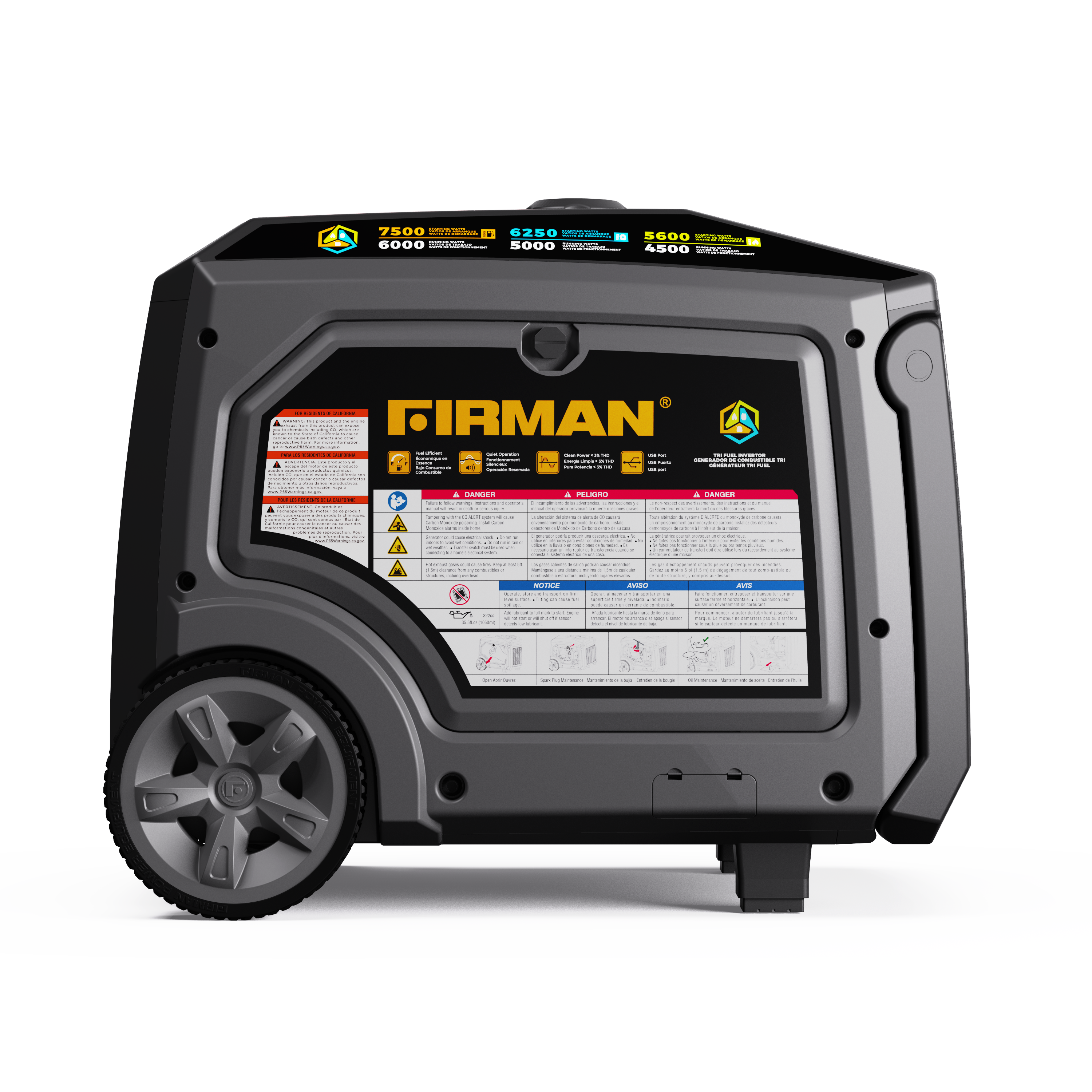 Tri Fuel Inverter Portable Generator 7500/6000W Electric Start 120/240V Parallel Ready CO Alert